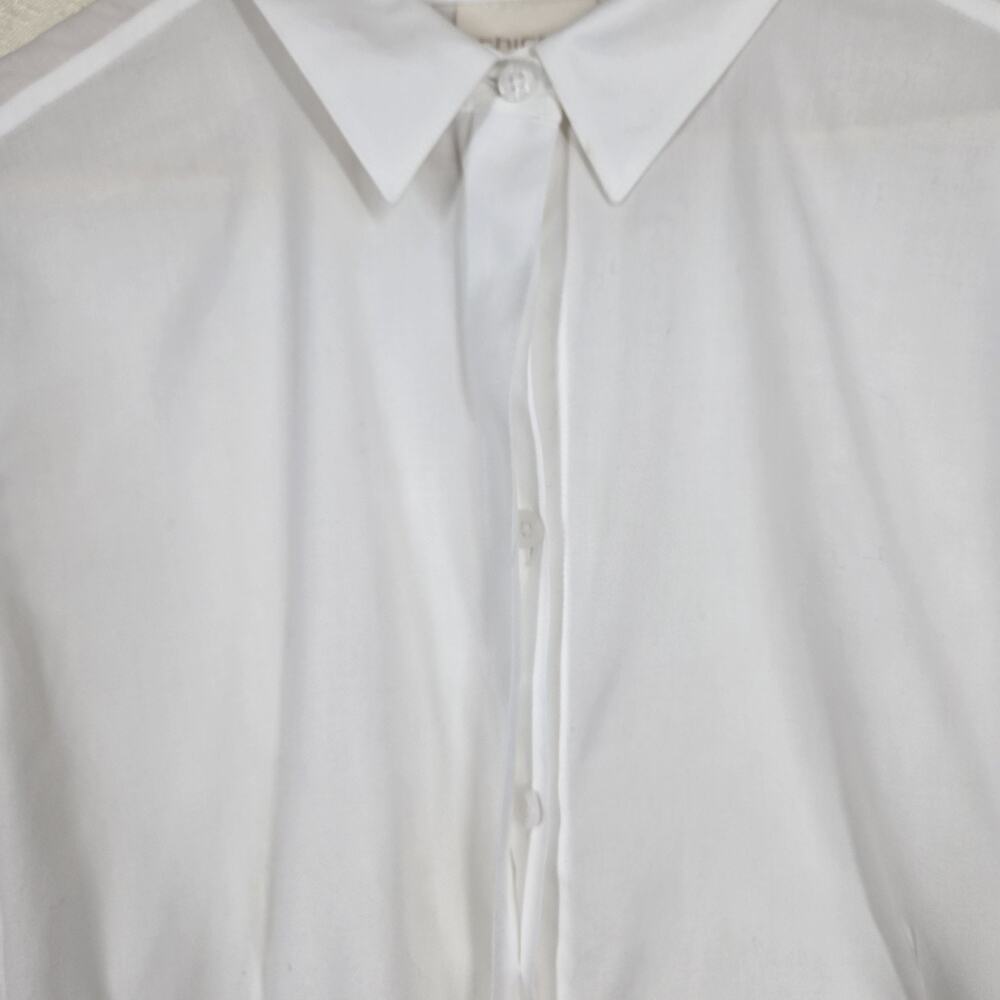 Chico’s No Iron Top Sz 2-L White Button Front Ruffle Sleeve Stretch Office Chic - Picture 3 of 12